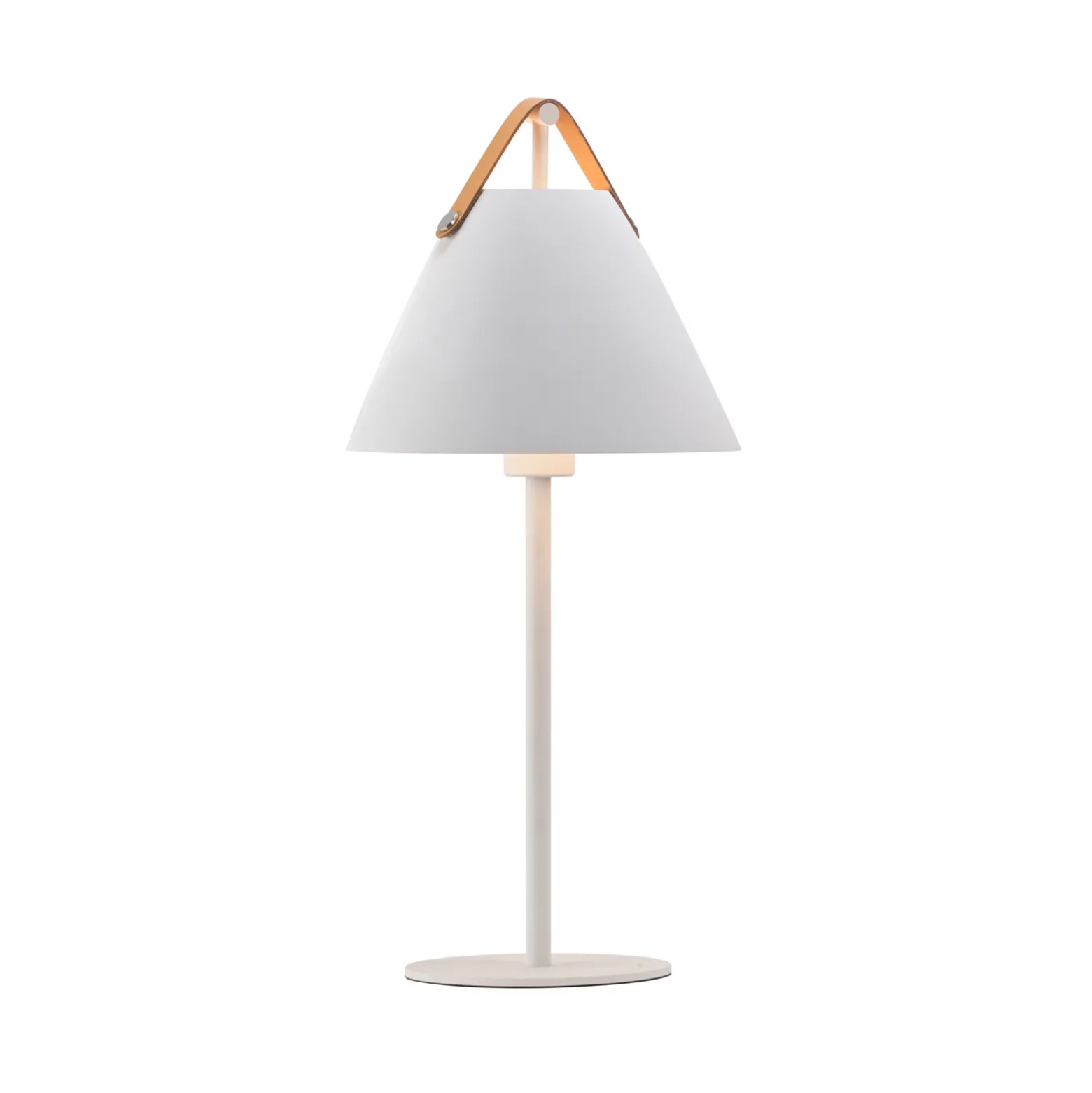 Lámpara de mesa Strap de metal con cinta de cuero, blanca