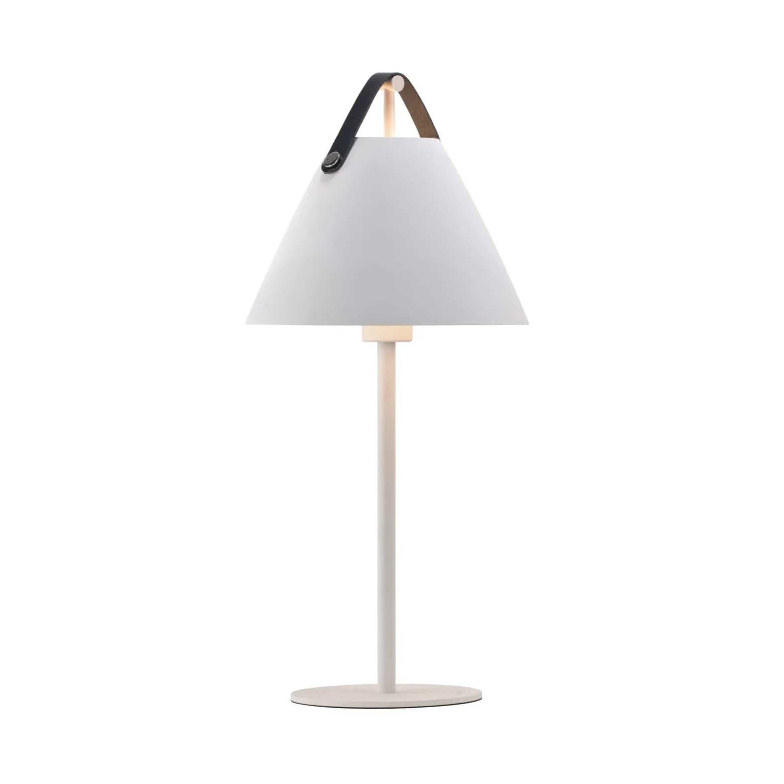 Lámpara de mesa Strap de metal con cinta de cuero, blanca