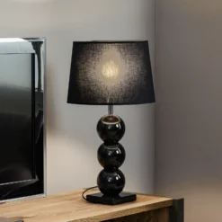 Lámpara de mesa textil Fulda, decoración de cristal, negro