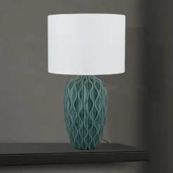 Lámpara de mesa Tortuga, verde/blanco, altura 49,5 cm, cerámica/lino