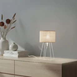 Lámpara de mesa Trixi con estructura de alambre blanco/beige, tela, E14