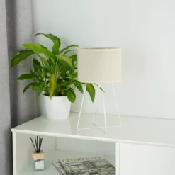 Lámpara de mesa Trixi con estructura de alambre blanco/beige, tela, E14