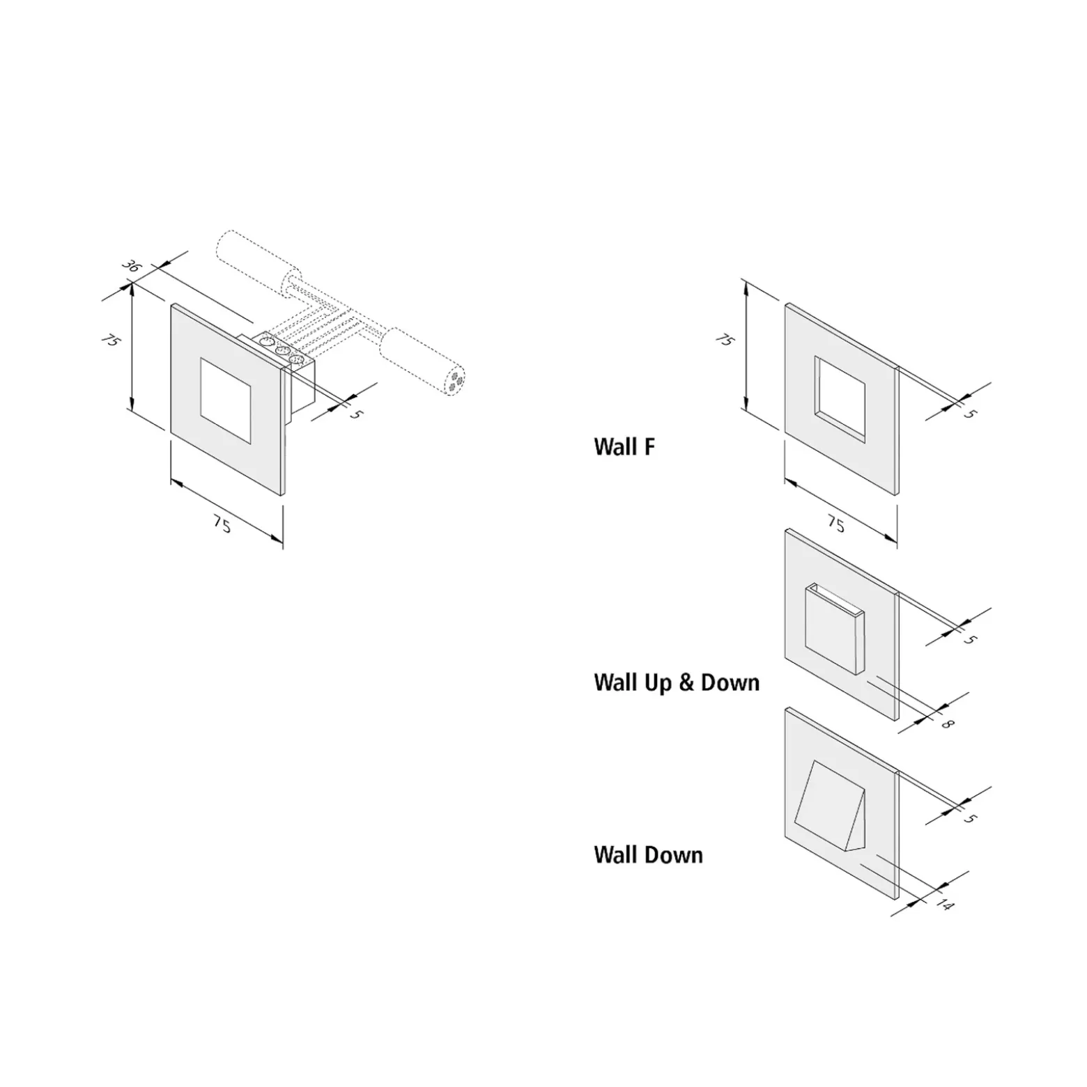 Lámpara de pared LED empotrable Wall F, negra, 7,5 x 7,5 cm, chapa metálica
