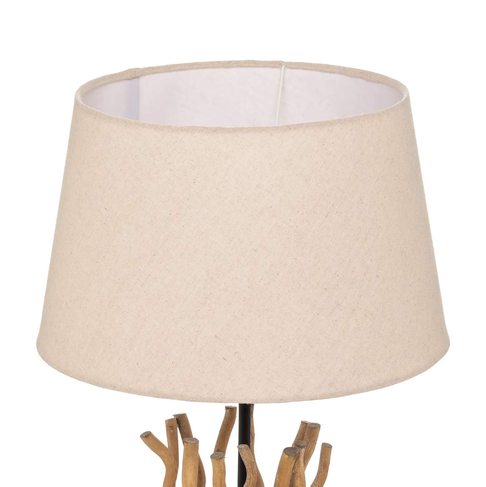 Lámpara de pie Agar con pantalla de tela y elemento de madera