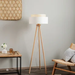 Lámpara de pie Boho, blanco/madera, tela/ratán/madera, 140 cm