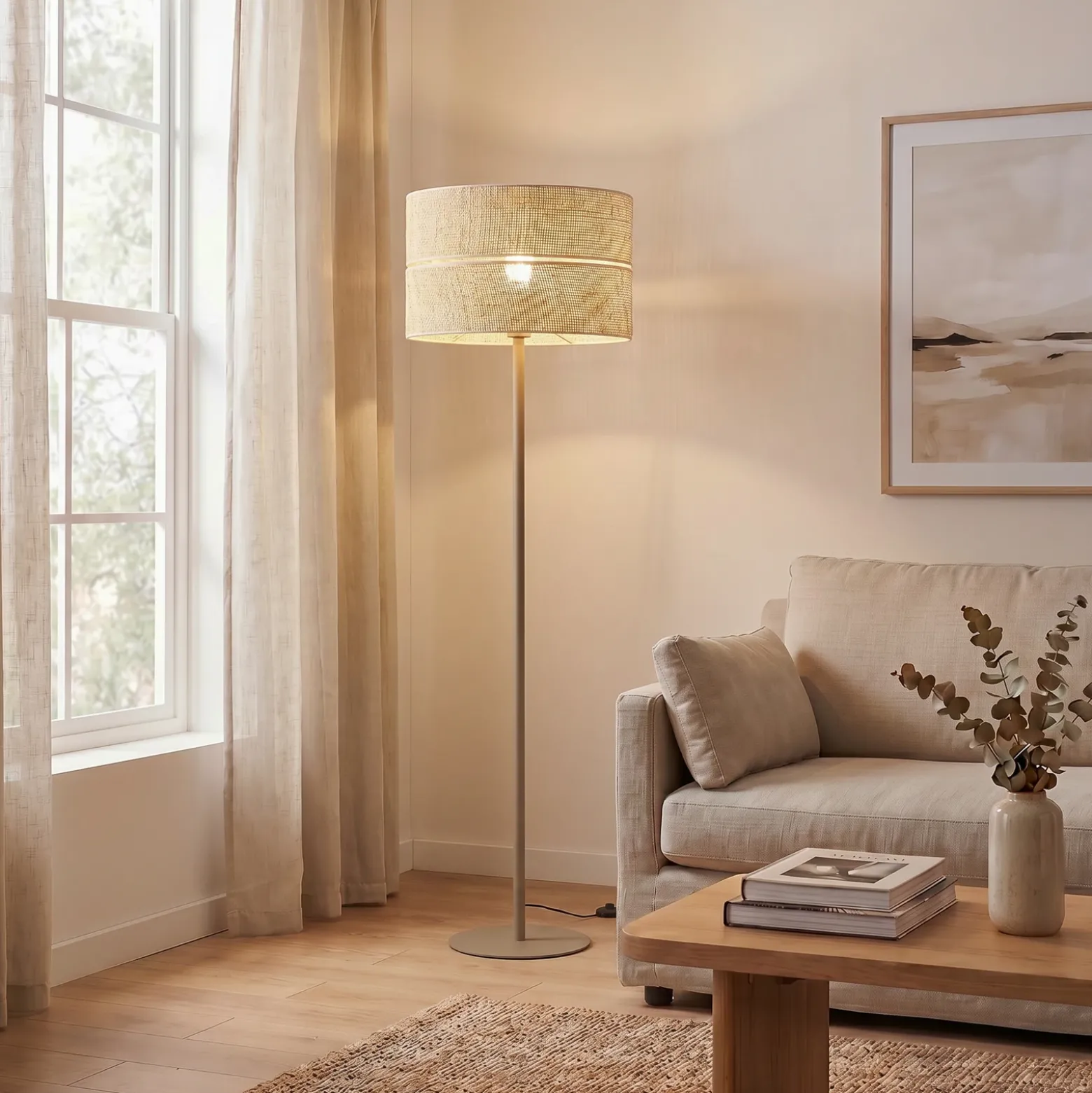 Lámpara de pie Calma, beige, rafia, altura 159 cm, E27