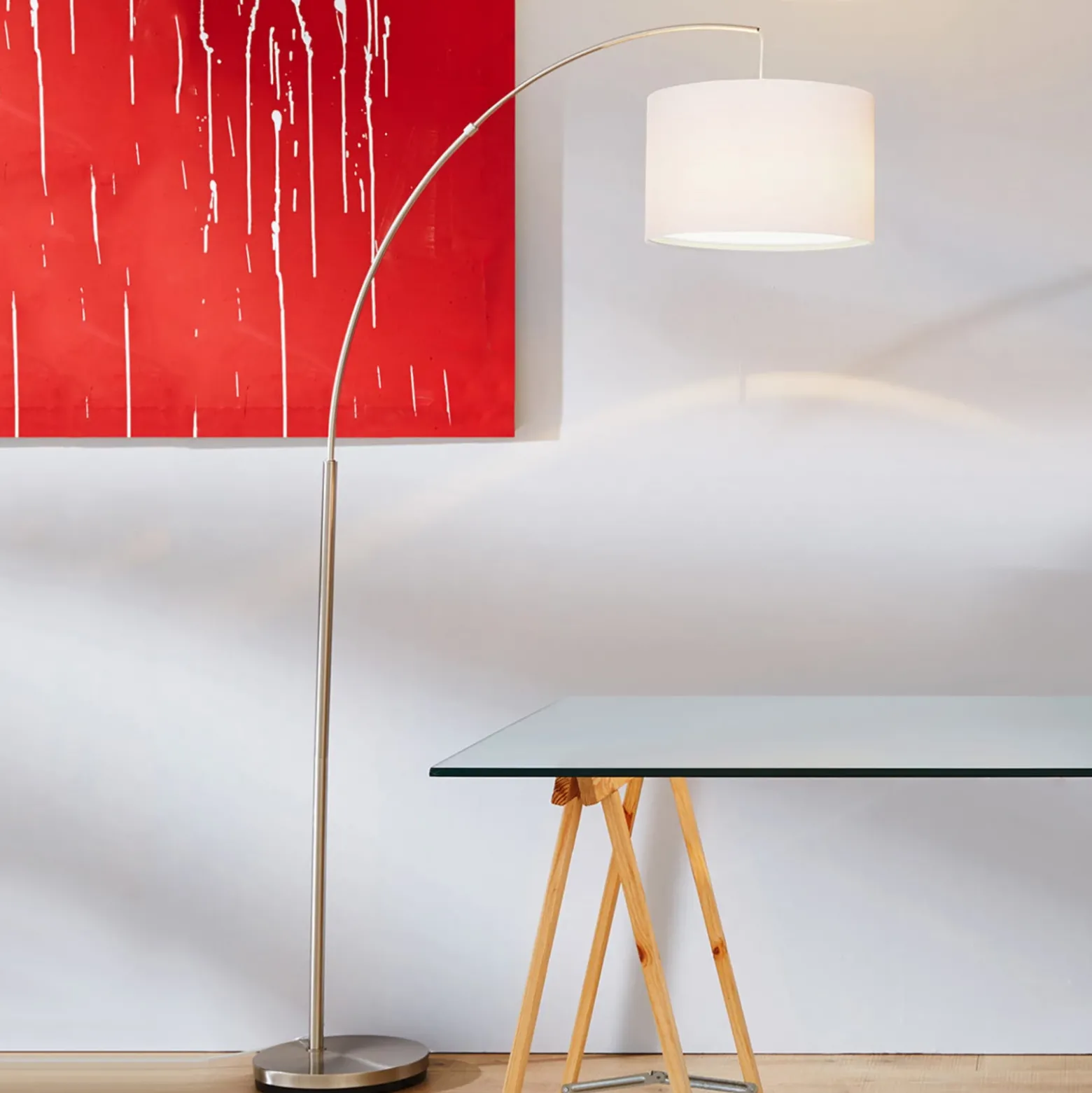 Lámpara de pie Clarie, blanca, color hierro, 180 cm, tela/metal