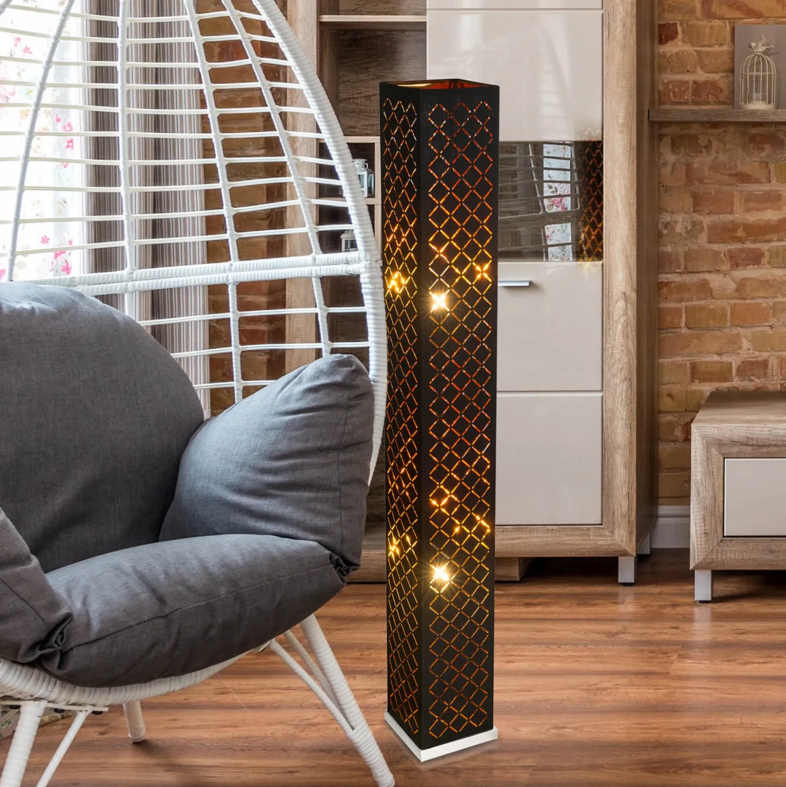 Lámpara de pie Clarke, negro/hoja de oro, altura 118 cm, tela