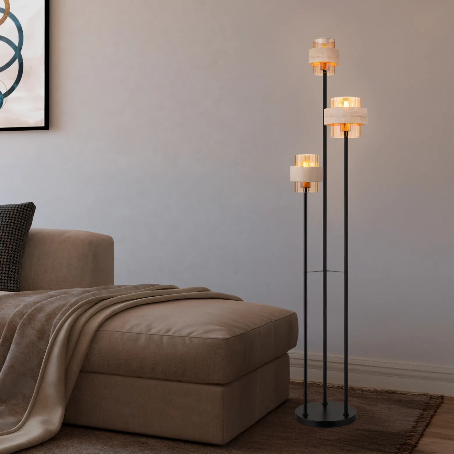 Lámpara de pie Daren, beige/ámbar/negro, 167 cm, 3 luces, E27