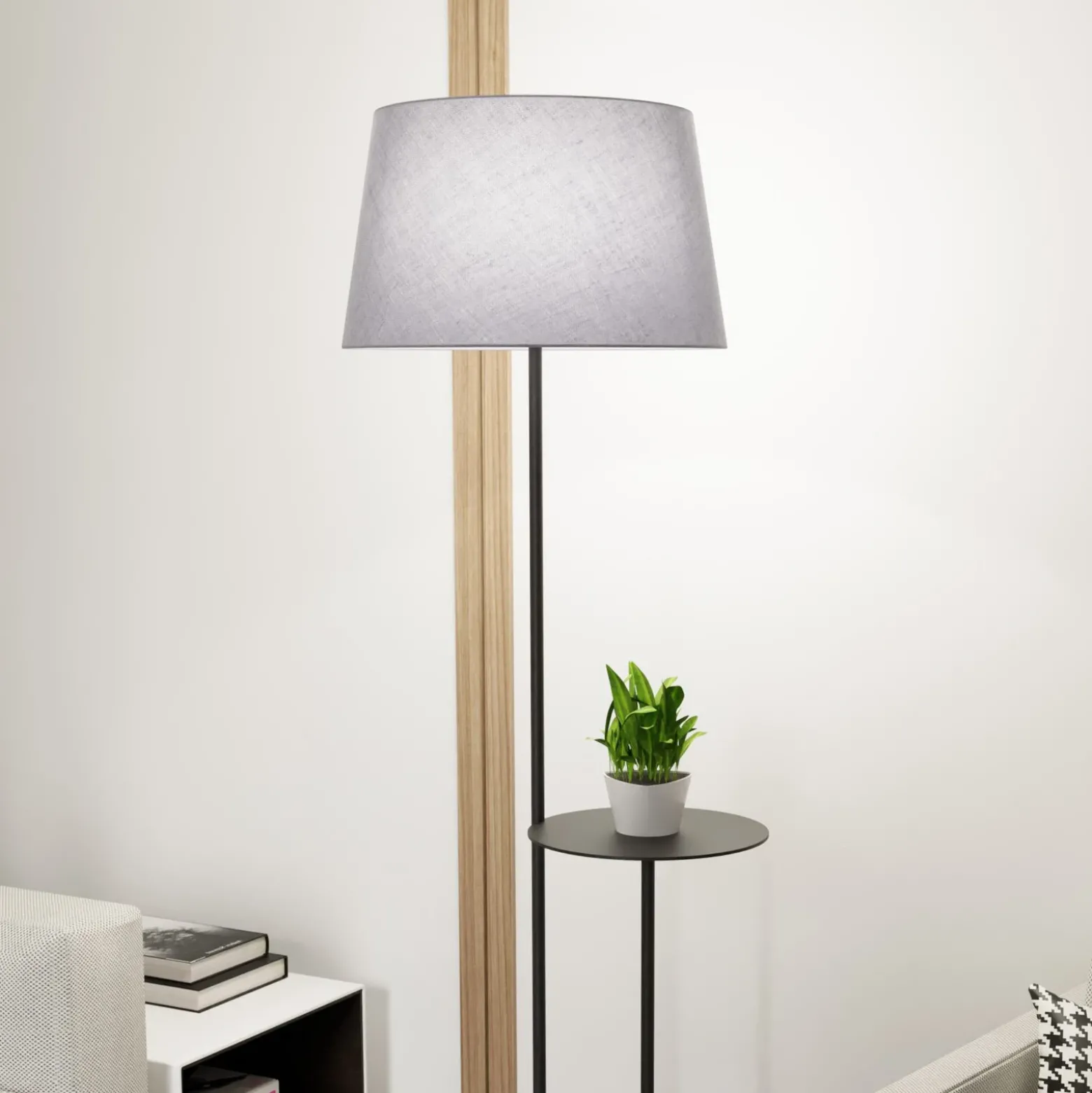 Lámpara de pie de hotel, gris/negro, altura 150 cm, tela/metal