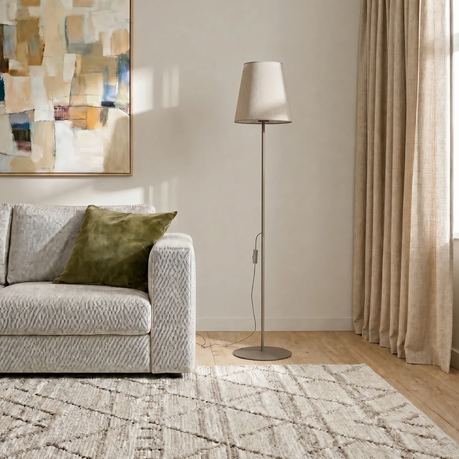 Lámpara de pie Elizabeth, color arena/beige, de lino, 152 cm de altura, E27