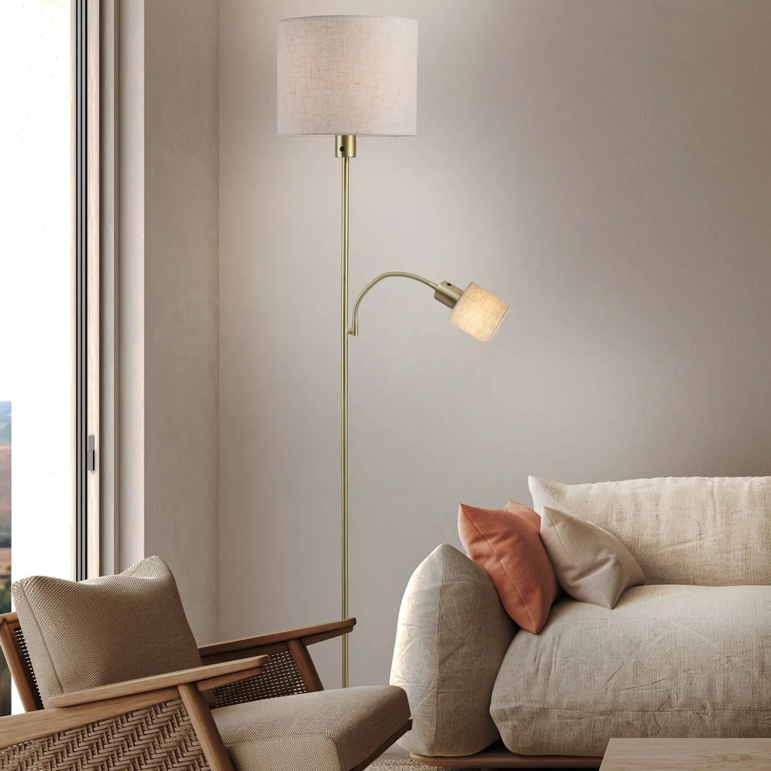 Lámpara de pie Filomena, beige/latón, textil, brazo de lectura, E27, E14