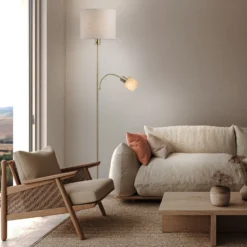 Lámpara de pie Filomena, beige/latón, textil, brazo de lectura, E27, E14