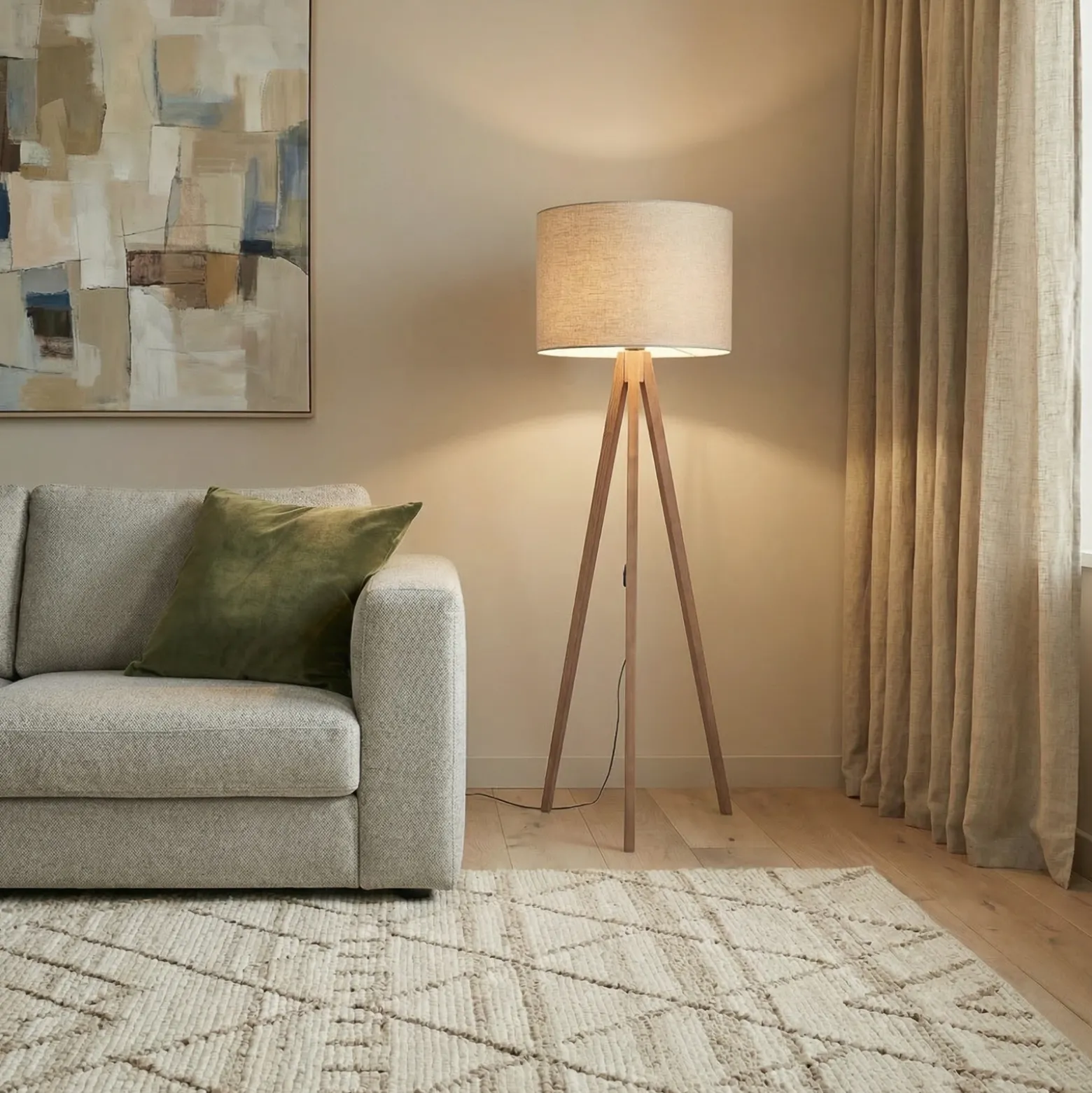 Lámpara de pie Grand, beige/nogal, altura 145 cm, E27