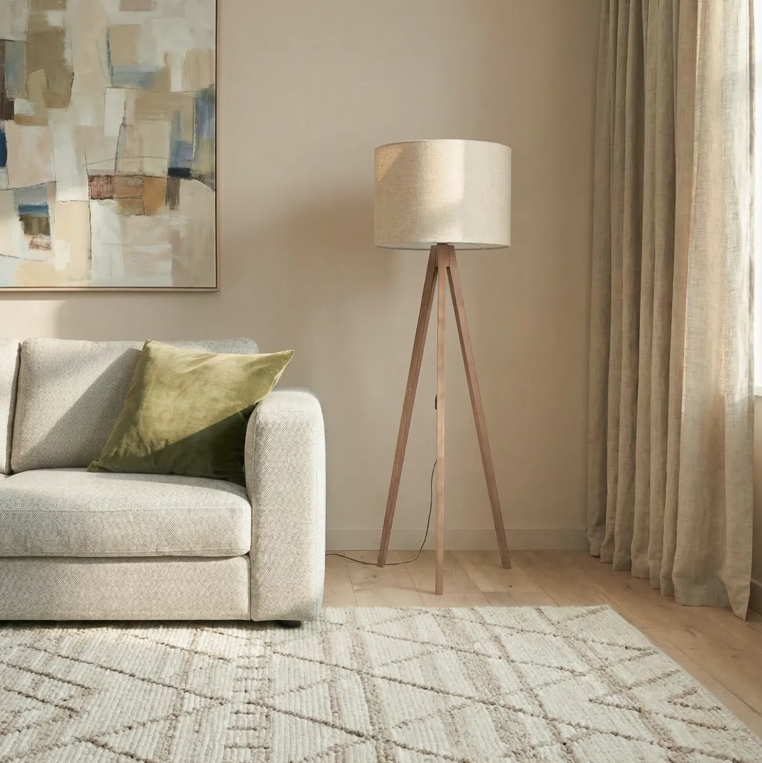 Lámpara de pie Grand, beige/nogal, altura 145 cm, E27
