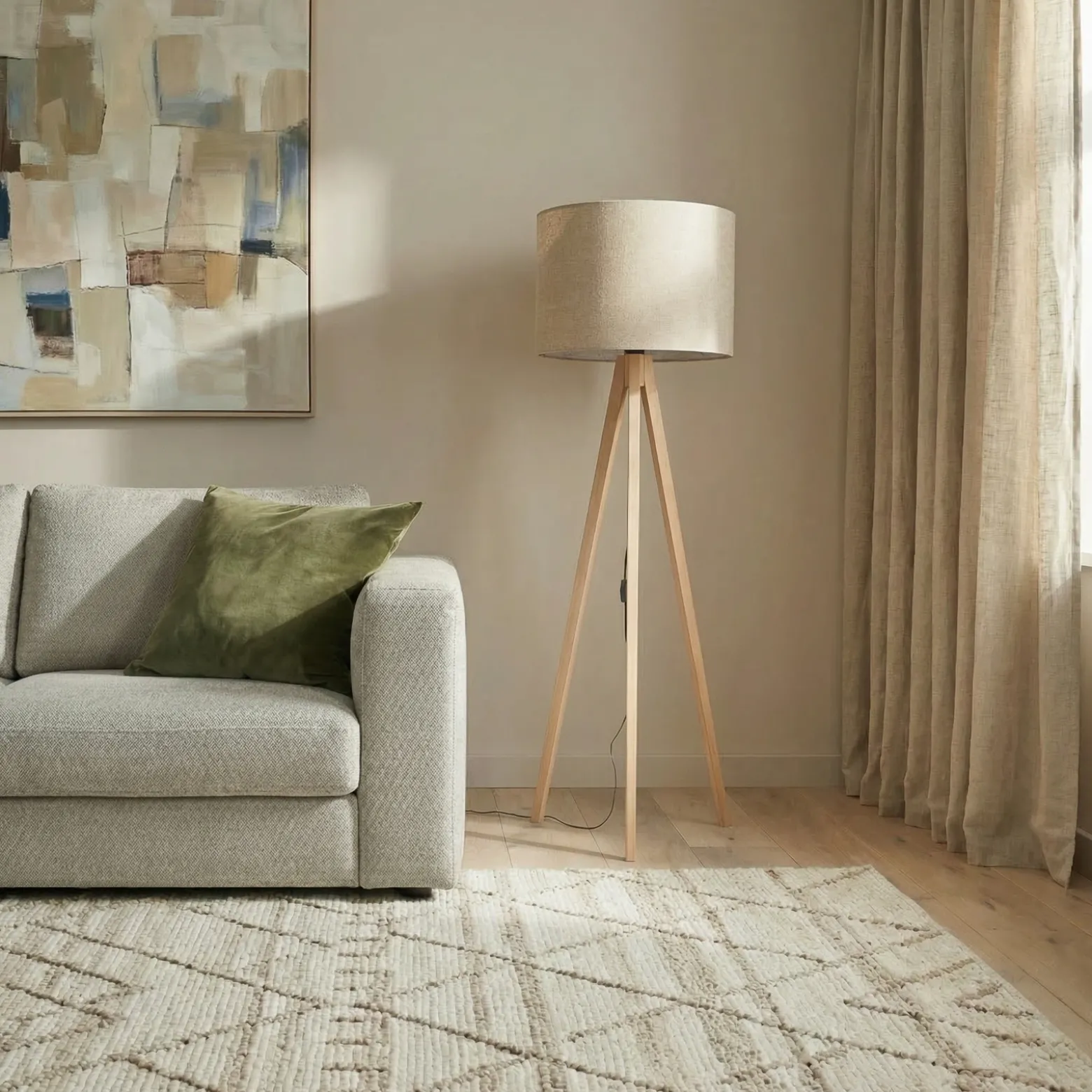 Lámpara de pie Grand, beige/pino, altura 145 cm, E27