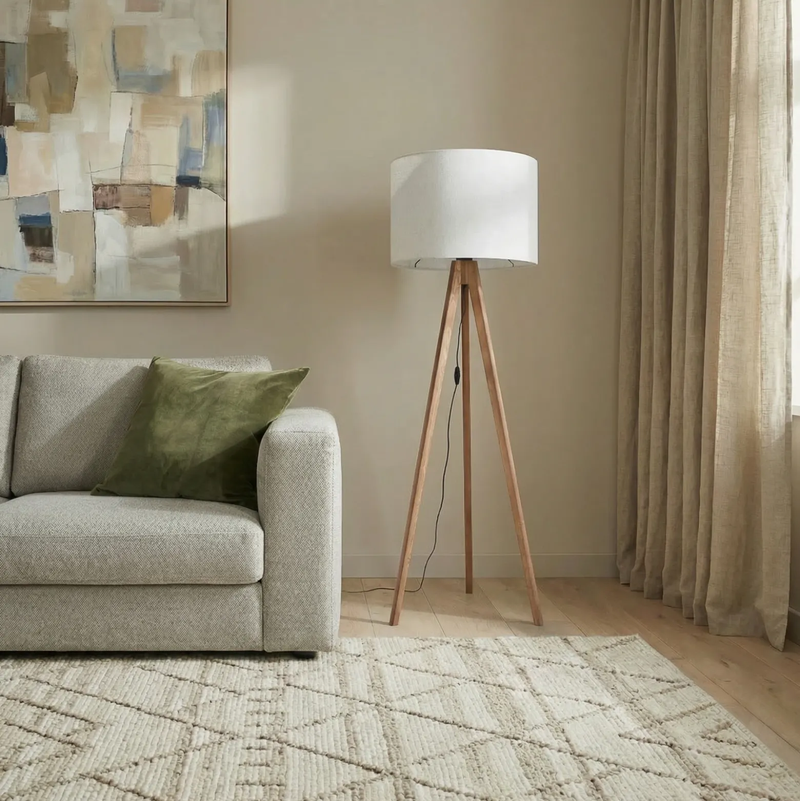 Lámpara de pie Grand, crema/nogal, altura 145 cm, E27