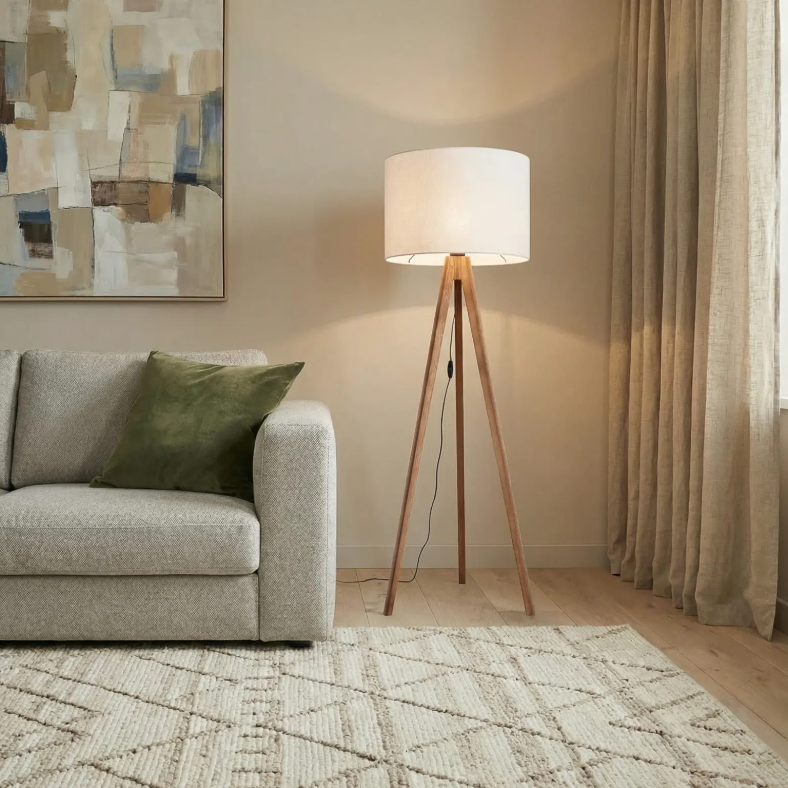 Lámpara de pie Grand, crema/nogal, altura 145 cm, E27