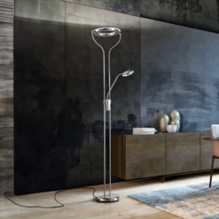 Lámpara de pie LED Davos, color níquel, altura 180 cm, 2 luces, CCT
