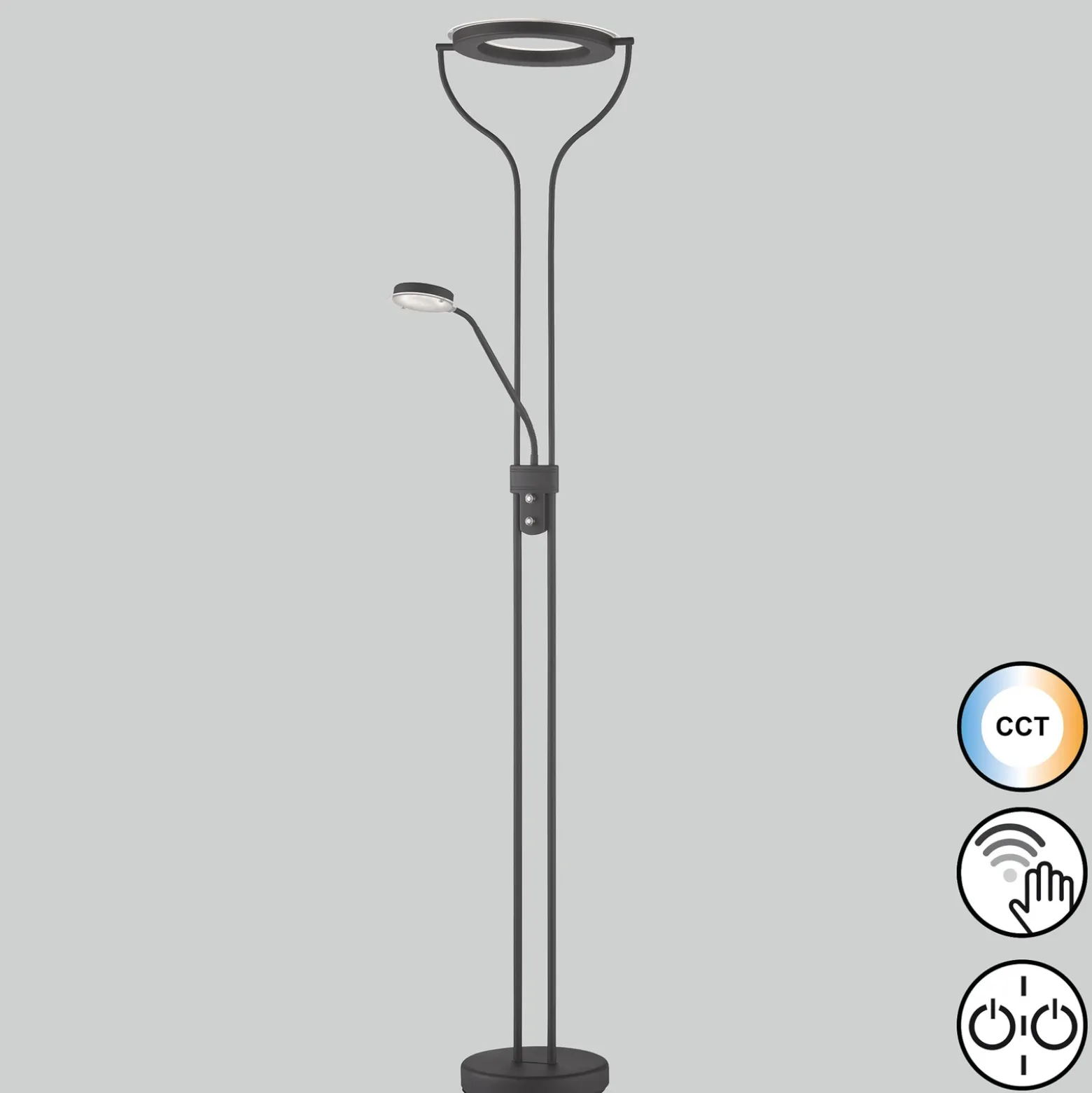 Lámpara de pie LED Davos, negro, altura 180 cm, 2 luces, CCT