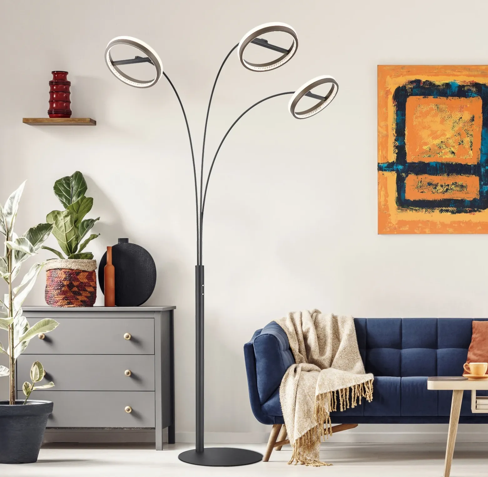 Lámpara de pie LED Della, altura 190 cm, negro/gris oscuro, 3 luces.