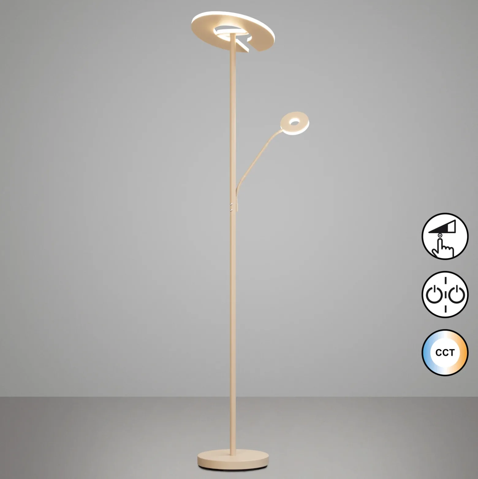 Lámpara de pie LED Dent, color arena, 180 cm, metal, CCT 2 luces.