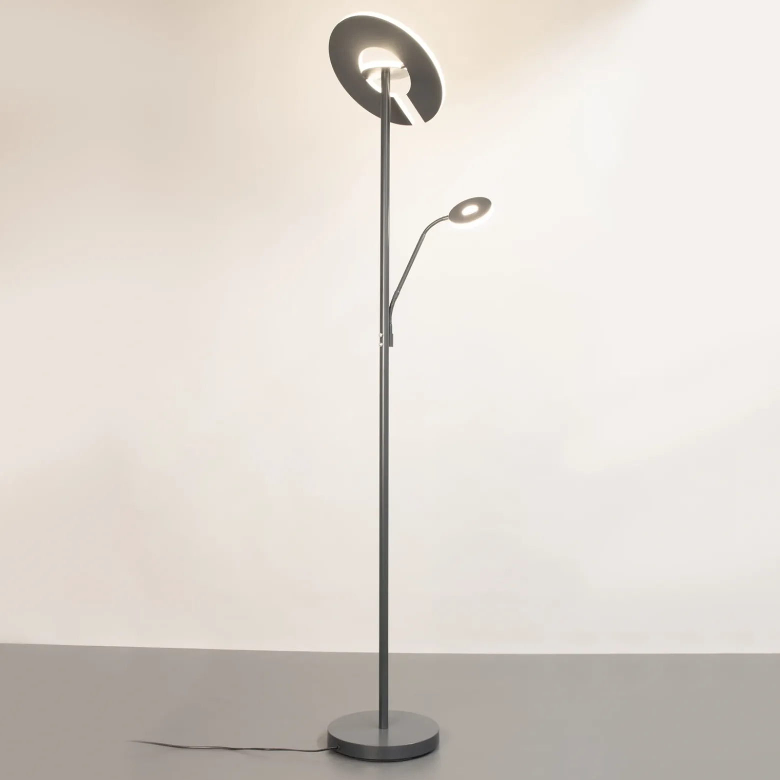 Lámpara de pie LED Dent, gris arena, 180 cm, metal, CCT, 2 luces.