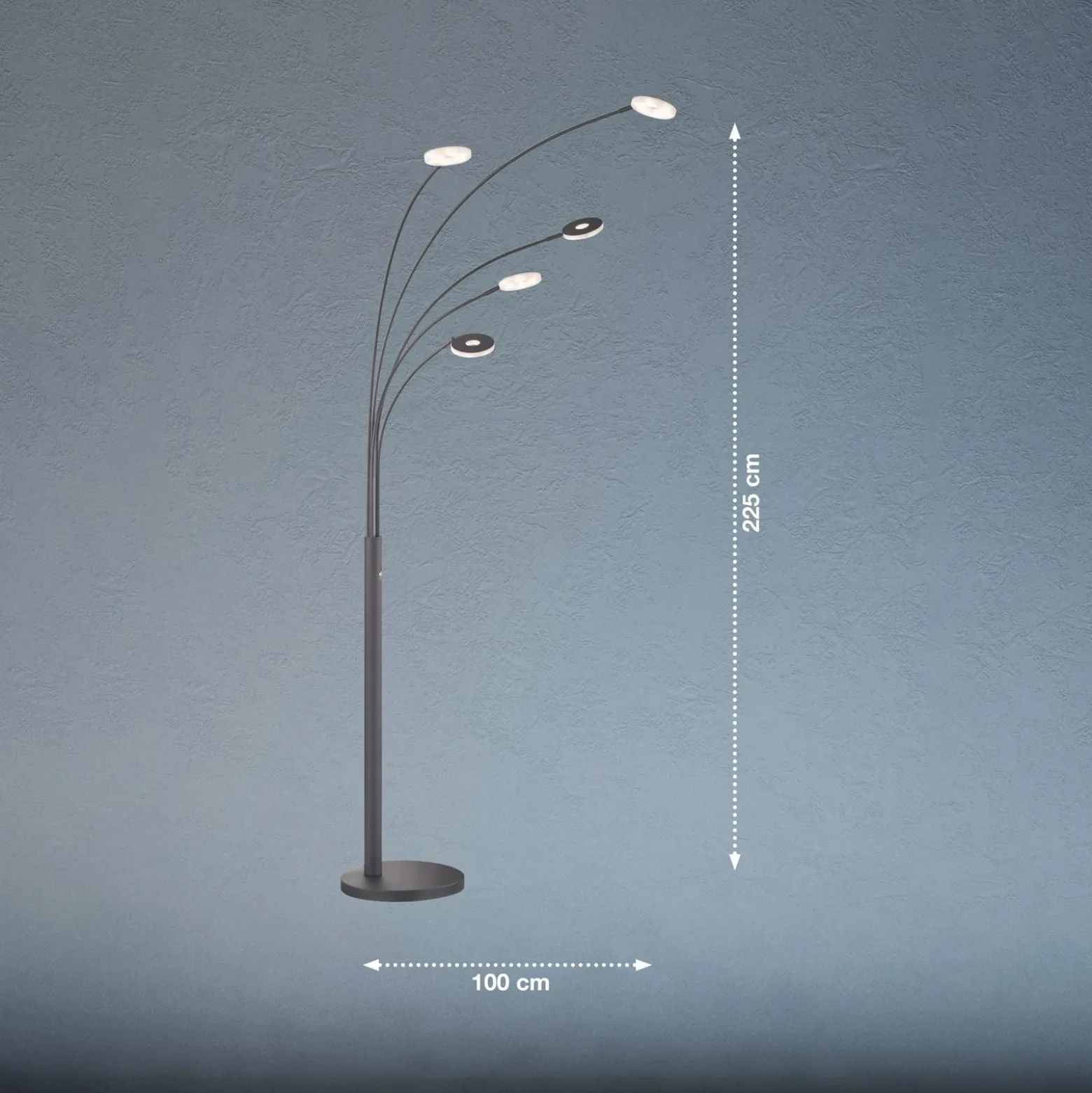 Lámpara de pie LED Dent, negro, 225 cm, metal, CCT, 5 luces.