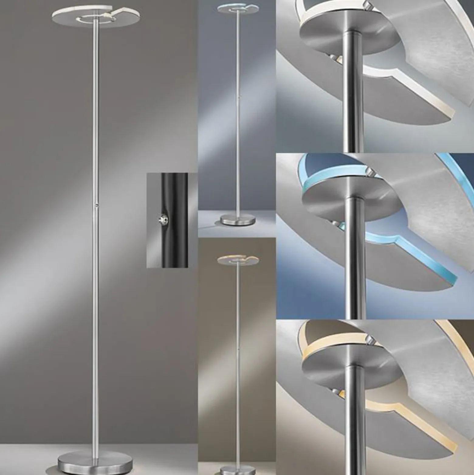 Lámpara de pie LED Dent, níquel/cromo mate, 180 cm, CCT, 1 luz.
