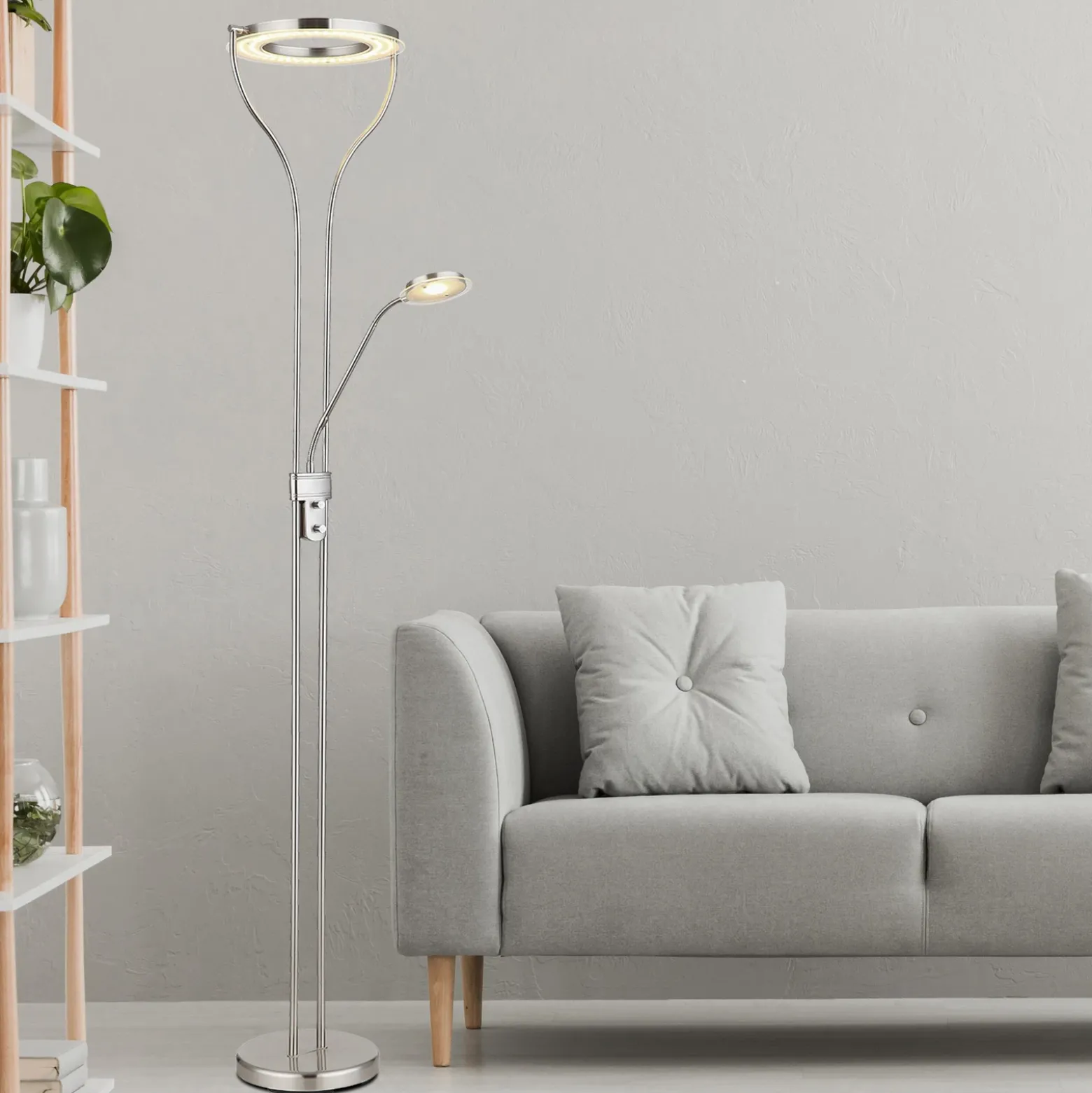 Lámpara de pie LED Ebro, altura 194 cm, color níquel, 2 luces.