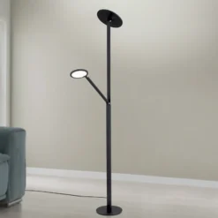 Lámpara de pie LED Fati, altura 181 cm, aluminio, brazo de lectura, atenuador,