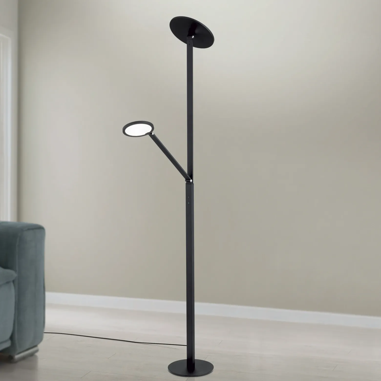 Lámpara de pie LED Fati, altura 181 cm, aluminio, brazo de lectura, atenuador,