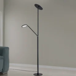Lámpara de pie LED Fati, altura 181 cm, aluminio, brazo de lectura, atenuador,