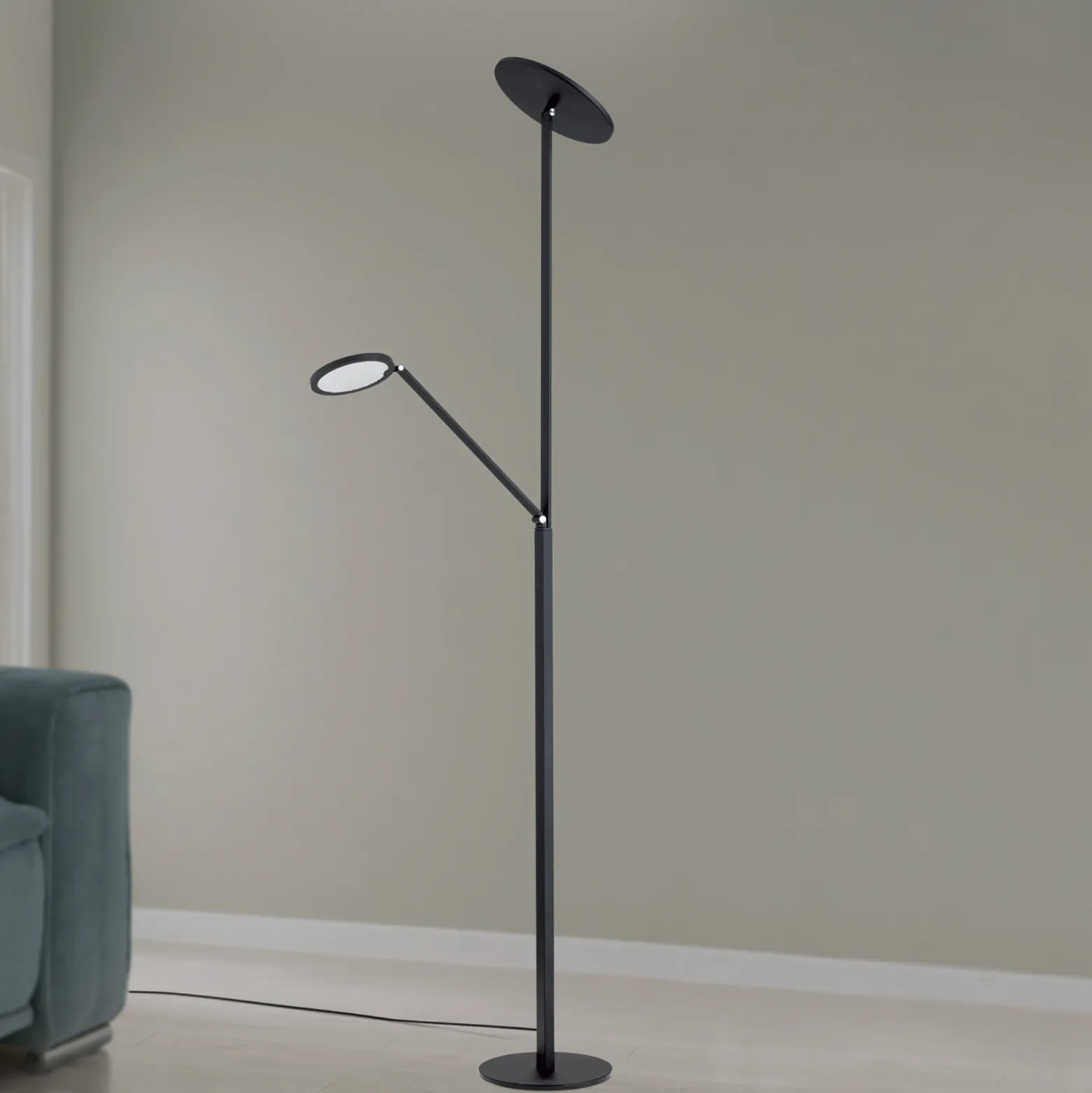 Lámpara de pie LED Fati, altura 181 cm, aluminio, brazo de lectura, atenuador,