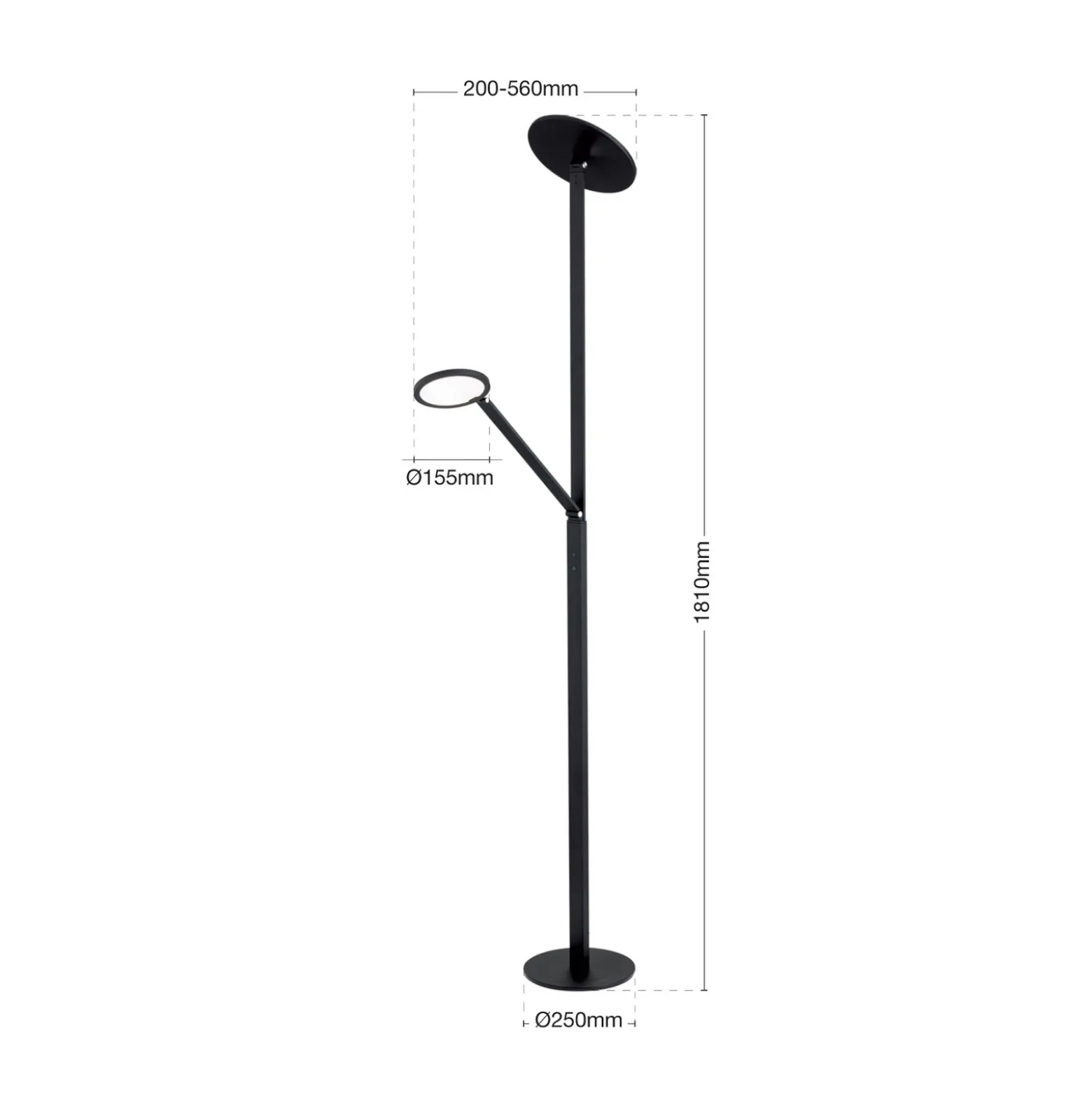 Lámpara de pie LED Fati, altura 181 cm, aluminio, brazo de lectura, atenuador,
