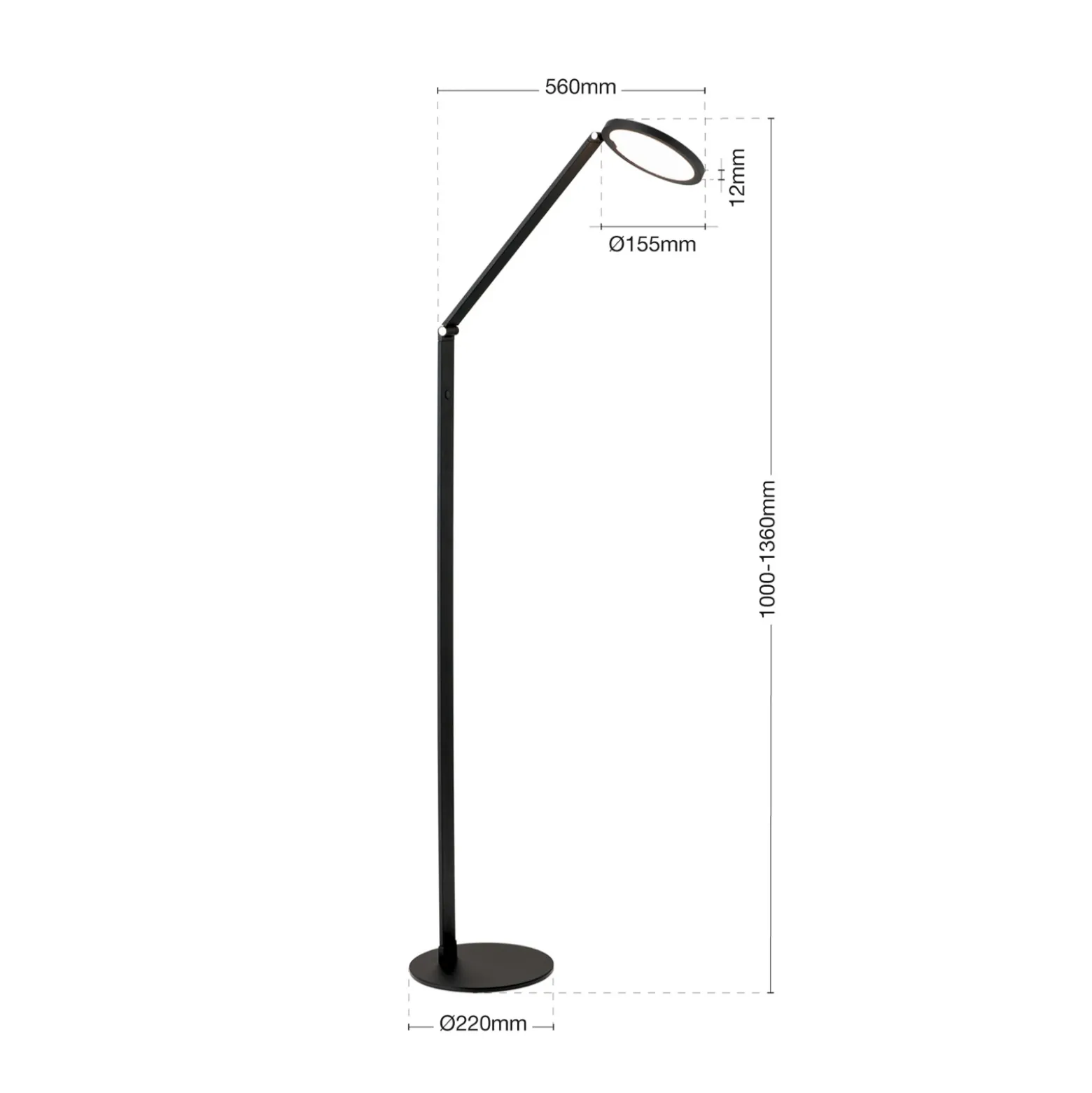 Lámpara de pie LED Fati, altura 136 cm, negro, aluminio, atenuador