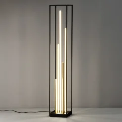 Lámpara de pie LED Grid, negro/oro, metal, CCT, atenuable