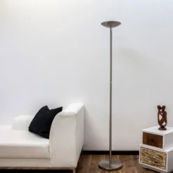 Lámpara de pie LED Lindby Malea, color níquel, atenuable, 180 cm