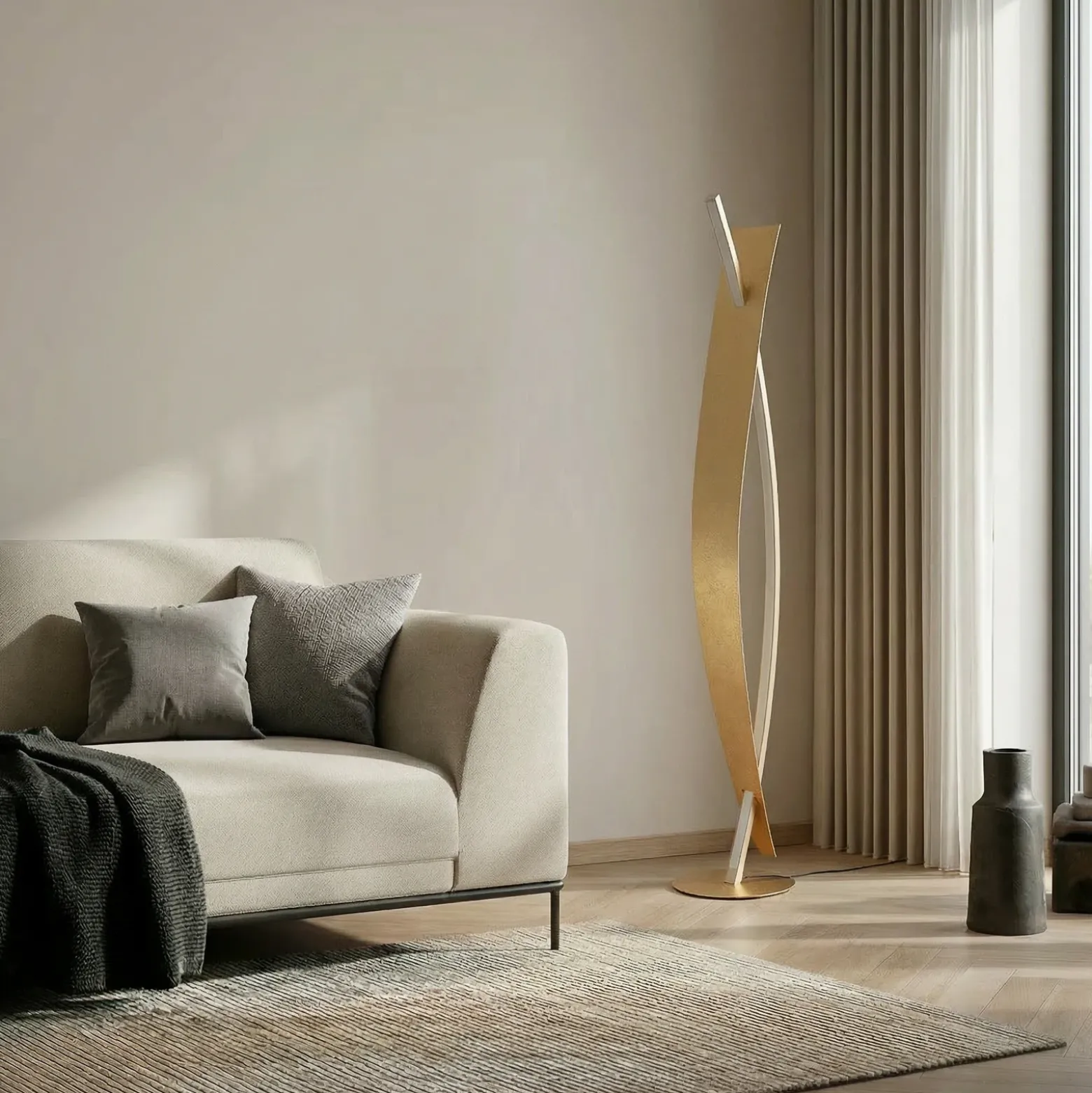Lámpara de pie LED Lucande Marija, dorada, atenuable, 140 cm