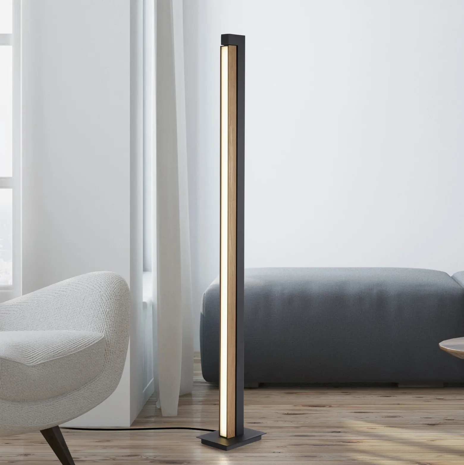 Lámpara de pie LED PURE Lines, negra, madera, control remoto, 140 cm