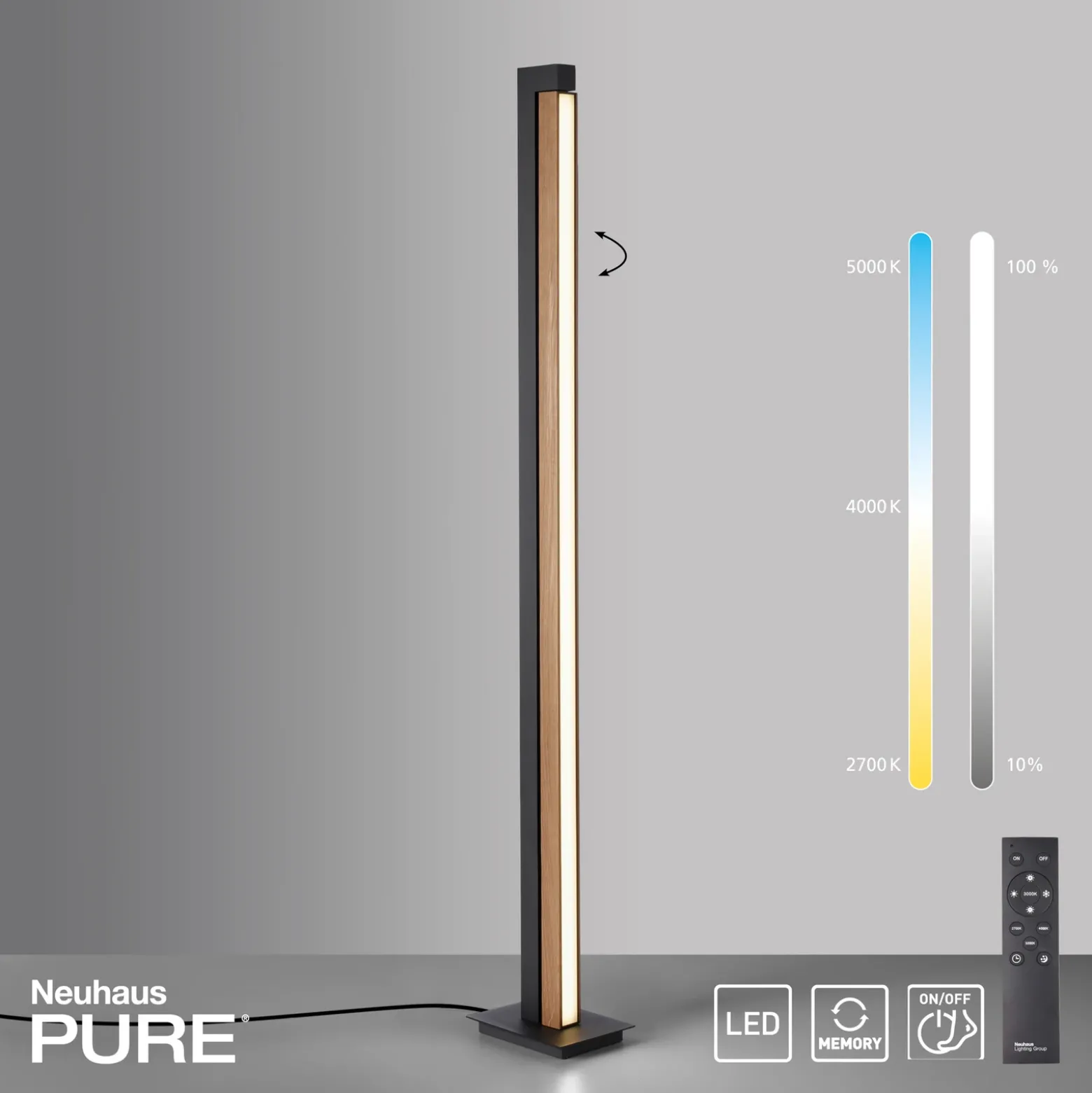 Lámpara de pie LED PURE Lines, negra, madera, control remoto, 140 cm