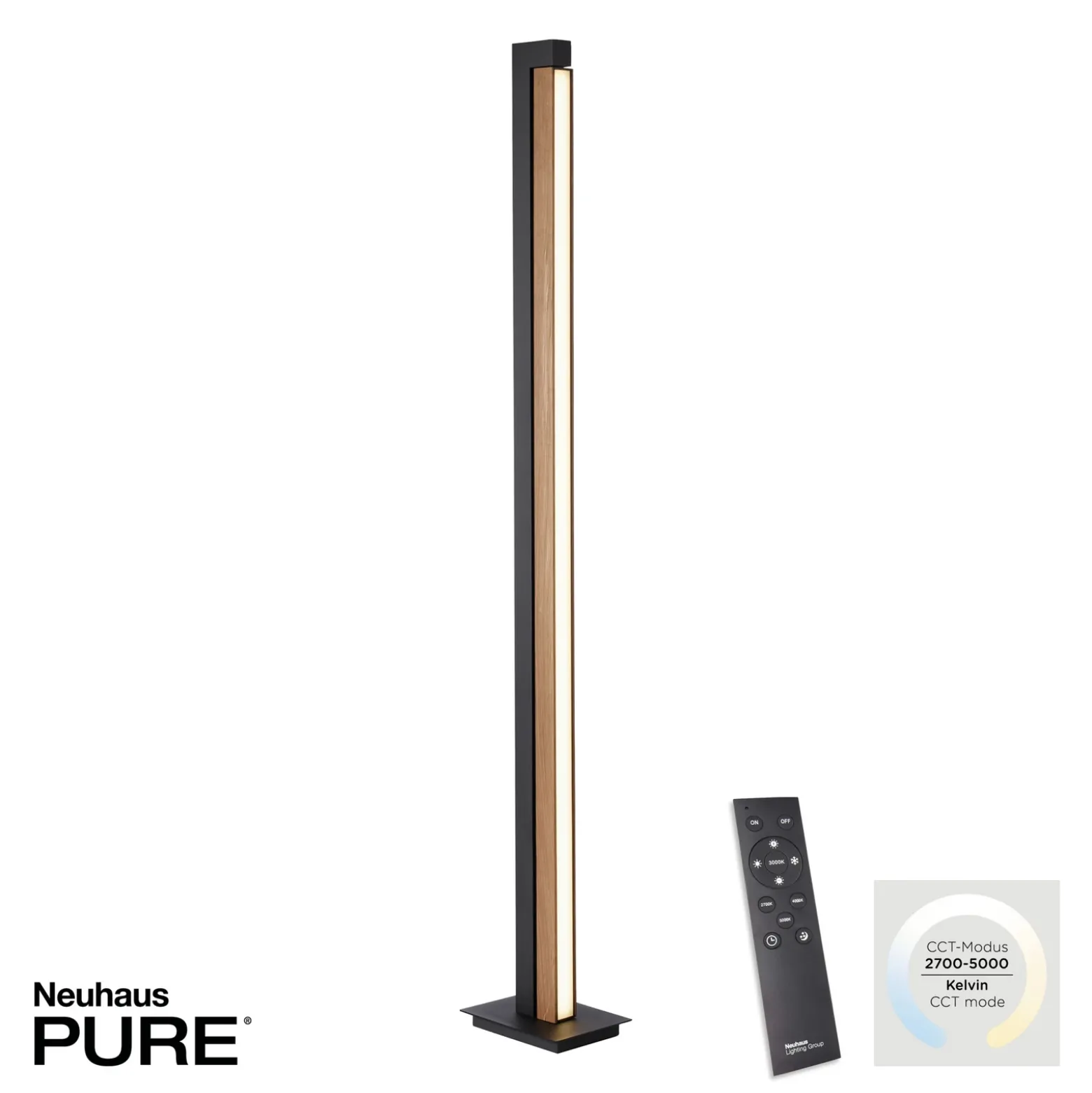 Lámpara de pie LED PURE Lines, negra, madera, control remoto, 140 cm