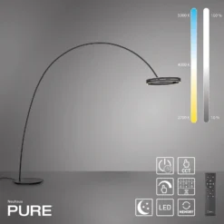 Lámpara de pie LED PURE Loop-Bow, negra, alcance de 290 cm, CCT