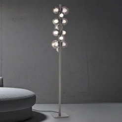 Lámpara de pie LED PURE Popup, gris aluminio/cristal, atenuador, 12 luces
