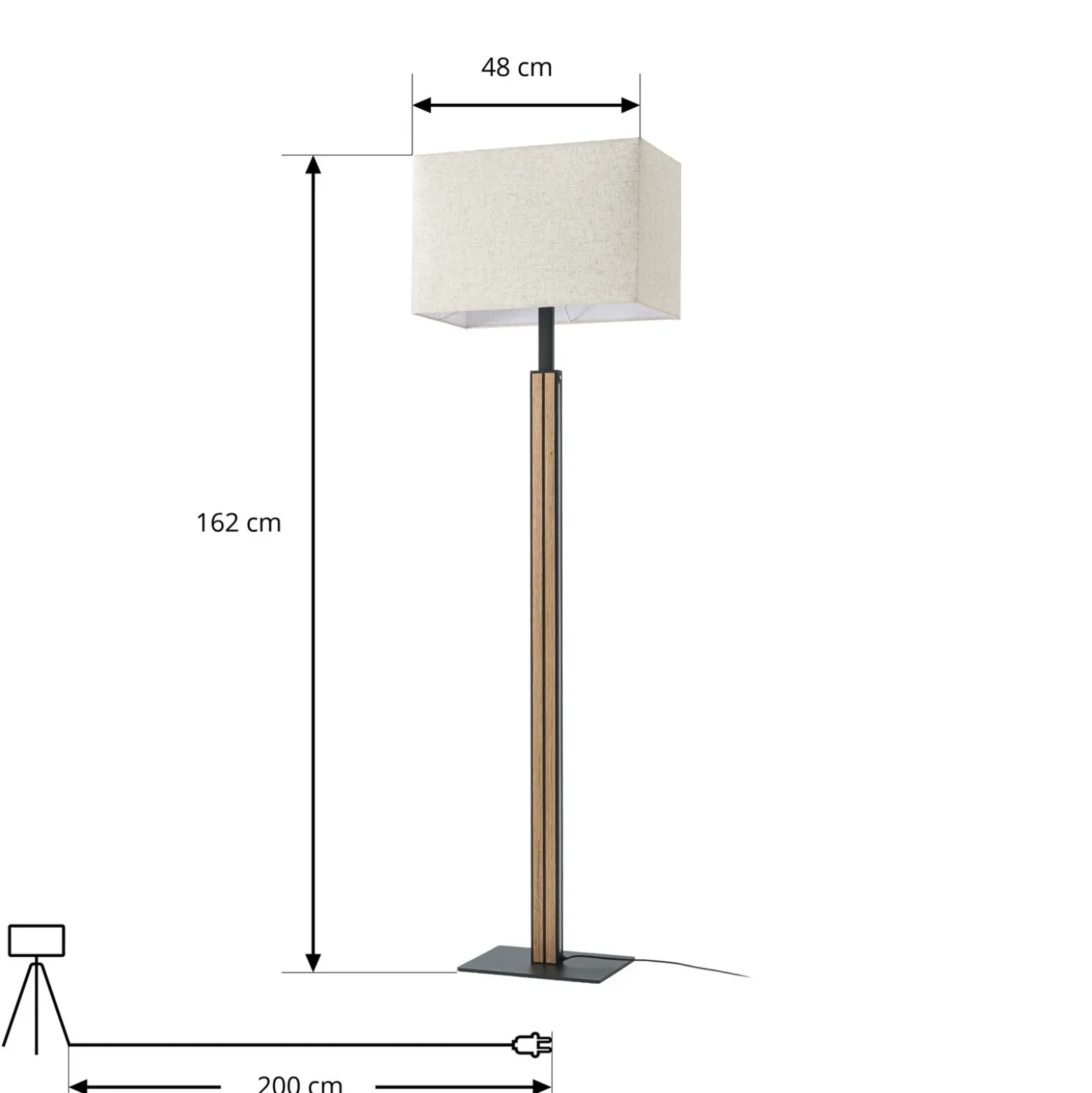 Lámpara de pie LED Quitani Lisene, roble/negro/natural, 162 cm, atenuable.