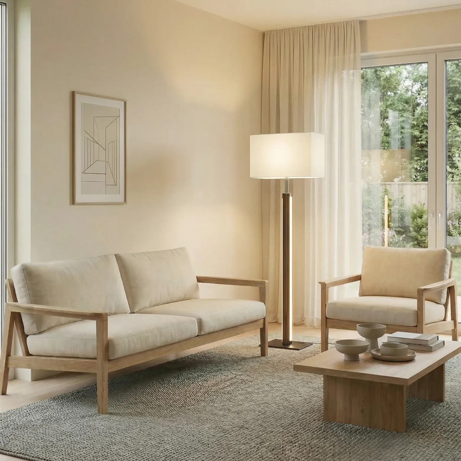 Lámpara de pie LED Quitani Lisene, nogal/plata/natural, 162 cm, atenuable