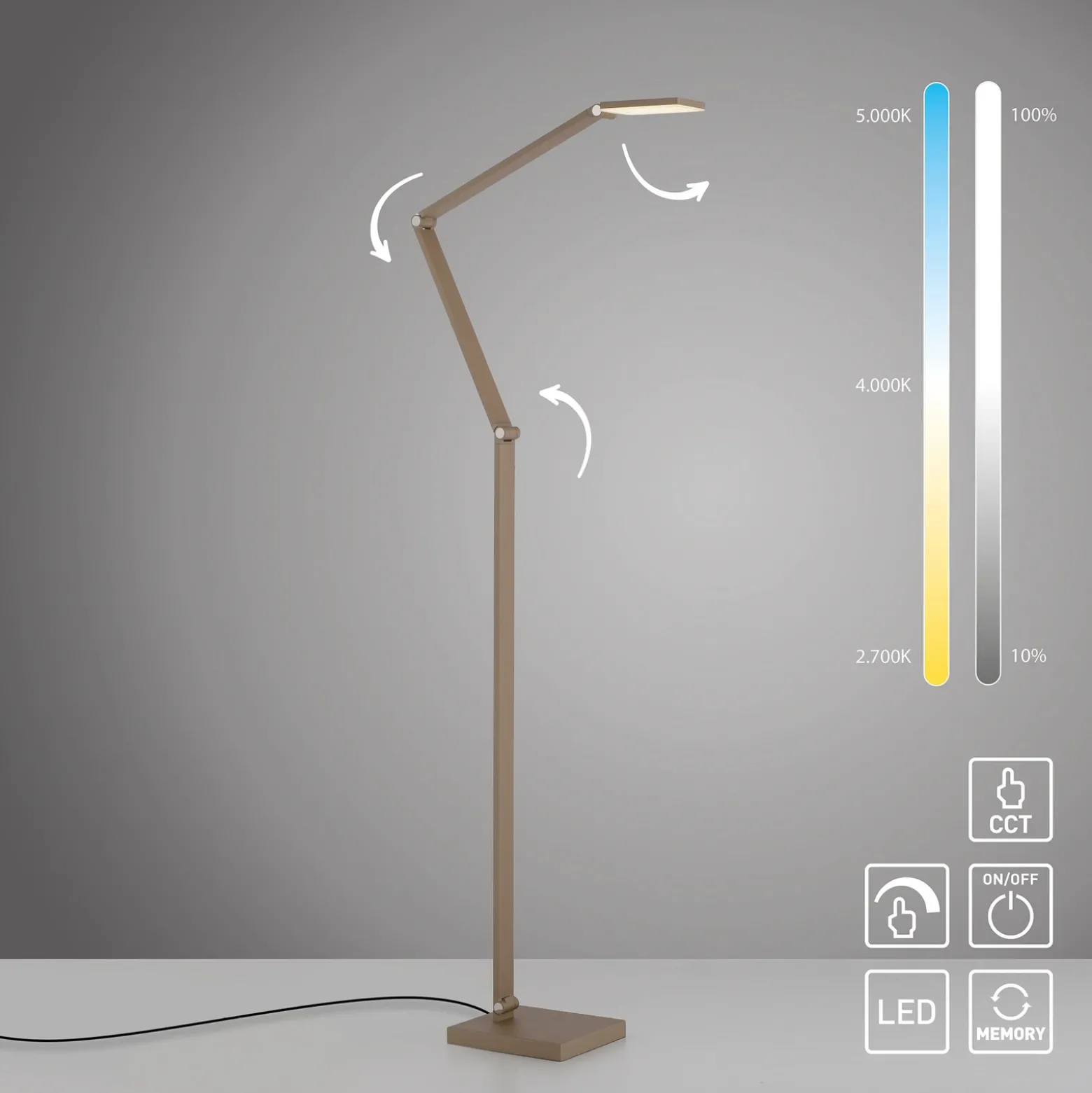 Lámpara de pie LED SAMSKY, color bronce, altura 161 cm, regulador táctil