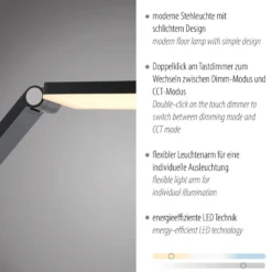 Lámpara de pie LED SAMSKY, gris, altura 161 cm, metal, regulador táctil