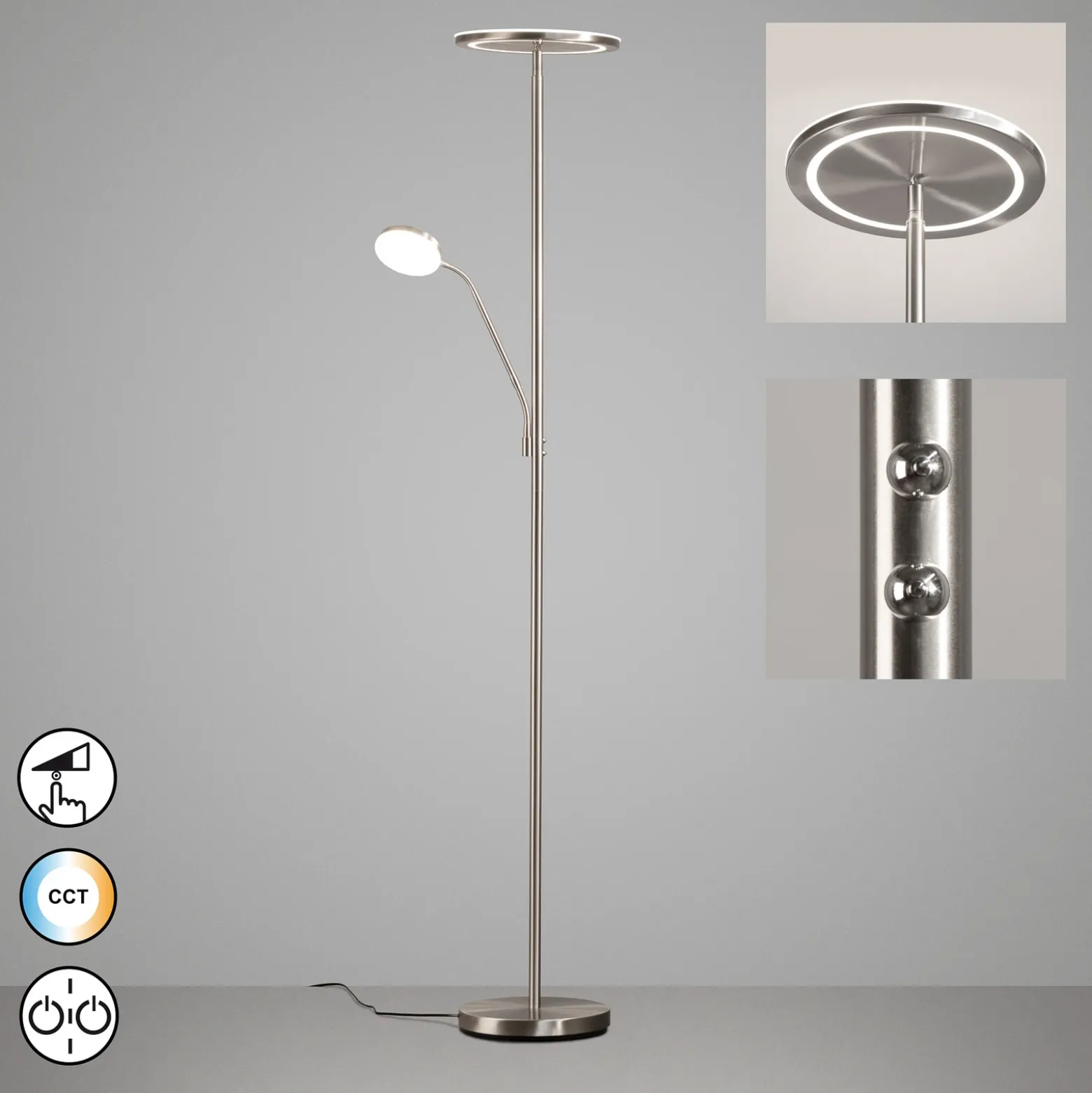Lámpara de pie LED Sorento níquel Altura 182 cm 2 luces CCT Touchdim