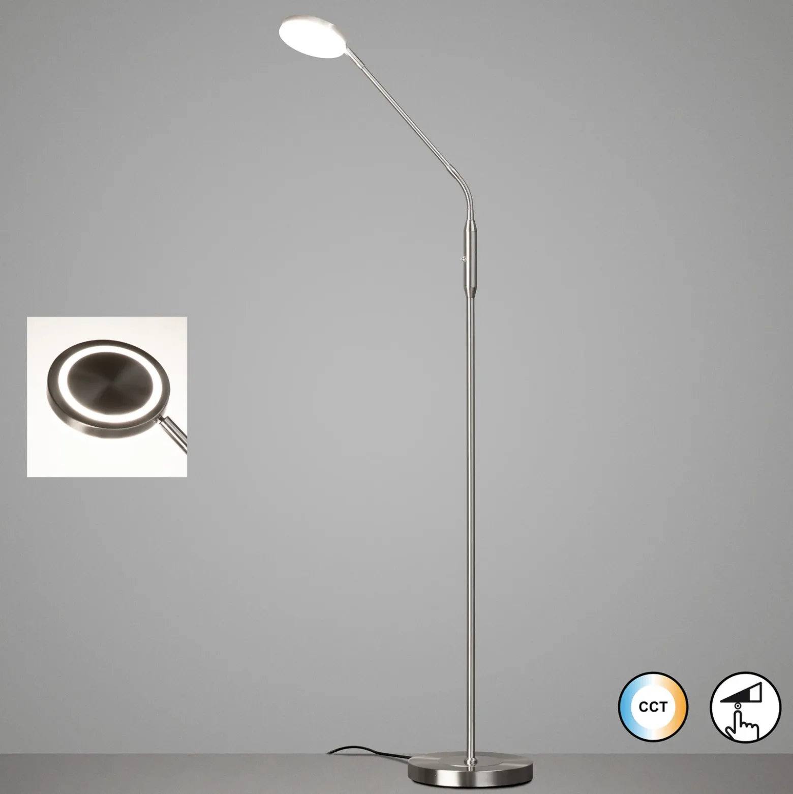 Lámpara de pie LED Sorento níquel, altura 138 cm, CCT, regulador táctil